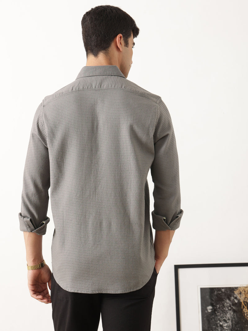 Thomas Scott Men Premium Grey Regular Fit Long Sleeves Spread Collar Textured Casual Shirt