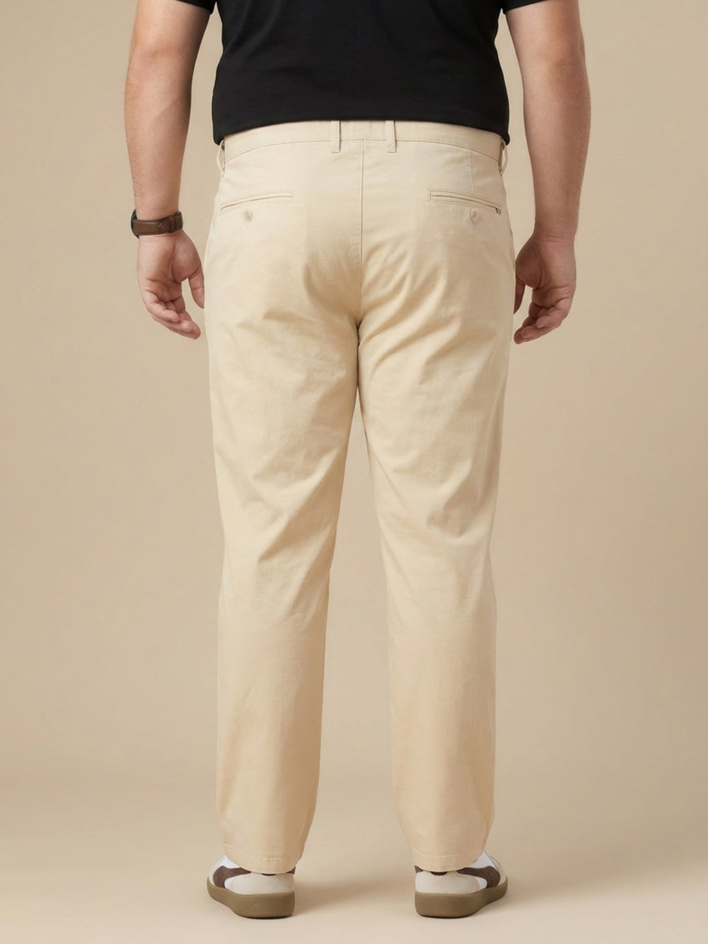 Cream Plus Size Smart Easy Wash Solid Pure Cotton Woven Chinos Trouser For Men