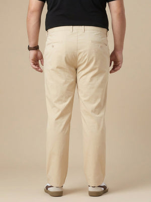 Cream Plus Size Smart Easy Wash Solid Pure Cotton Woven Chinos Trouser For Men