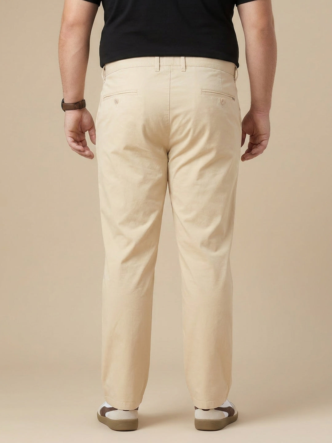 Cream Plus Size Smart Easy Wash Solid Pure Cotton Woven Chinos Trouser For Men