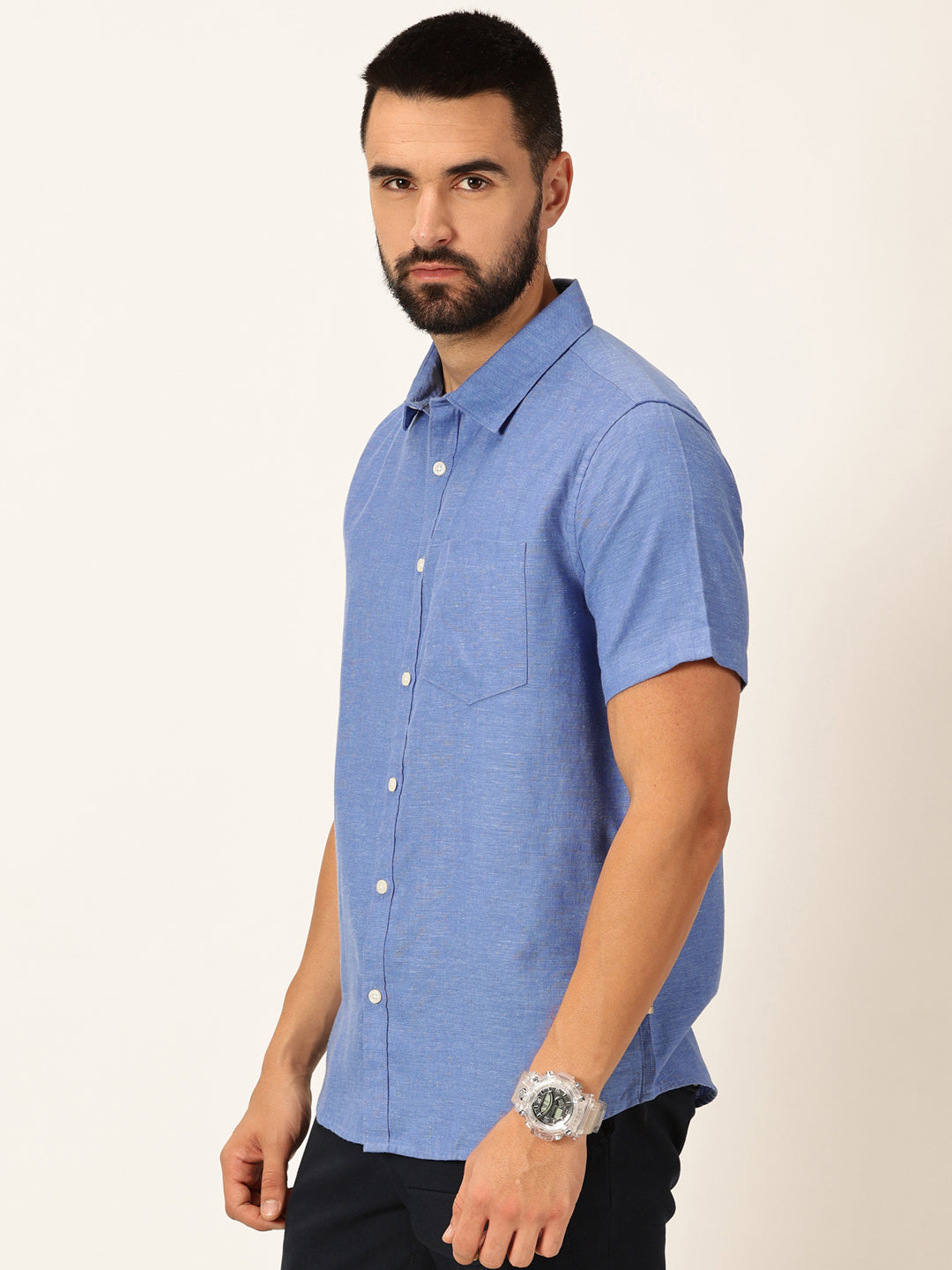 Thomas Scott Men Blue Premium Slim Fit Short Sleeves Spread Collar Solid Cotton Linen Casual Shirt