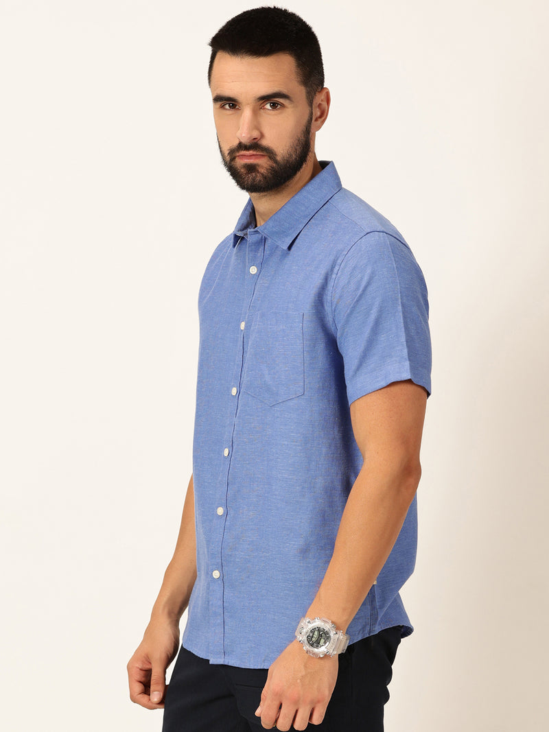 Thomas Scott Men Blue Premium Slim Fit Short Sleeves Spread Collar Solid Cotton Linen Casual Shirt