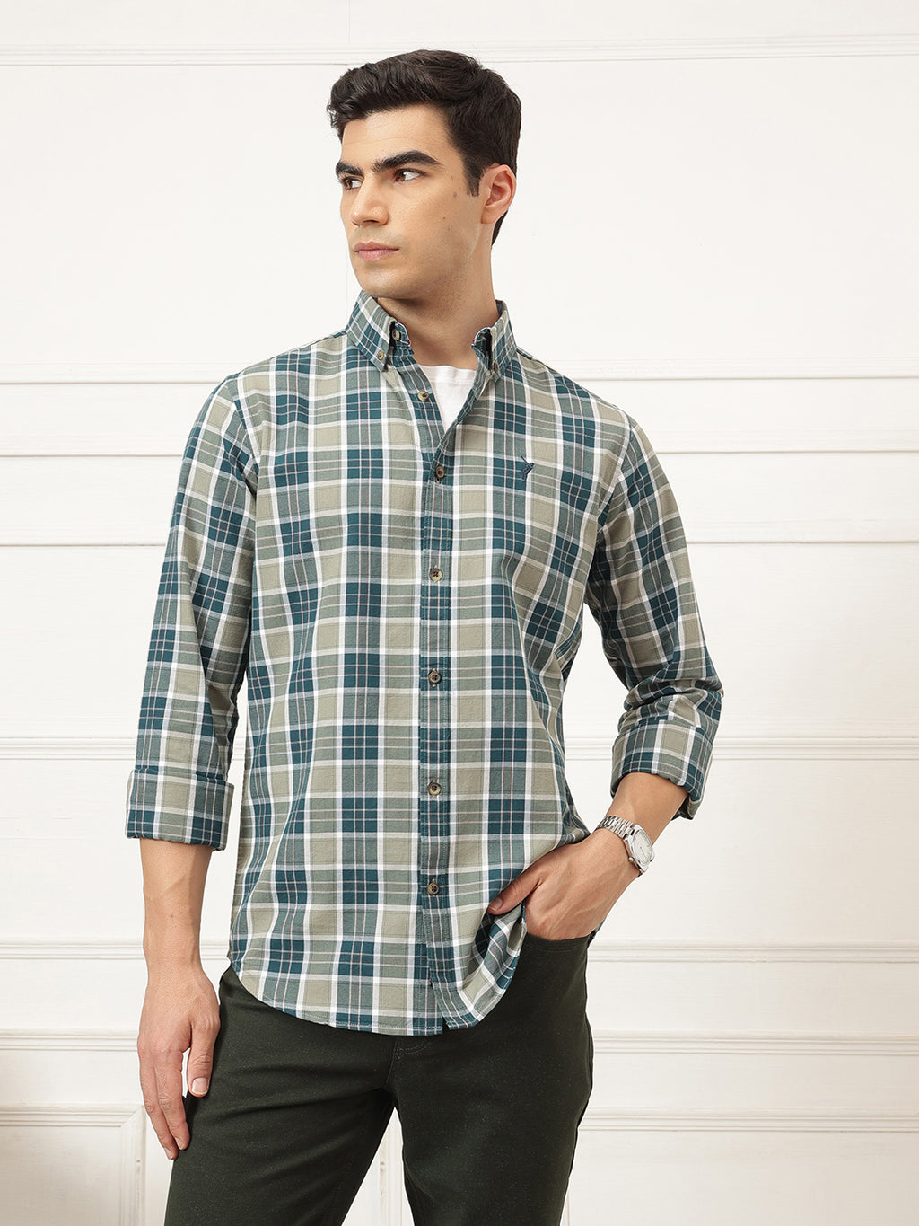 Olive Premium Regular Fit Tartan Checks Cotton Oxford Shirt For Men