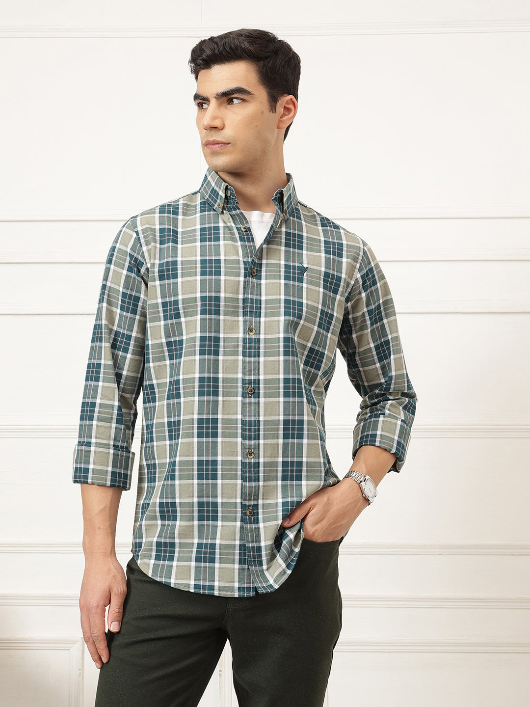 Olive Premium Regular Fit Tartan Checks Cotton Oxford Shirt For Men