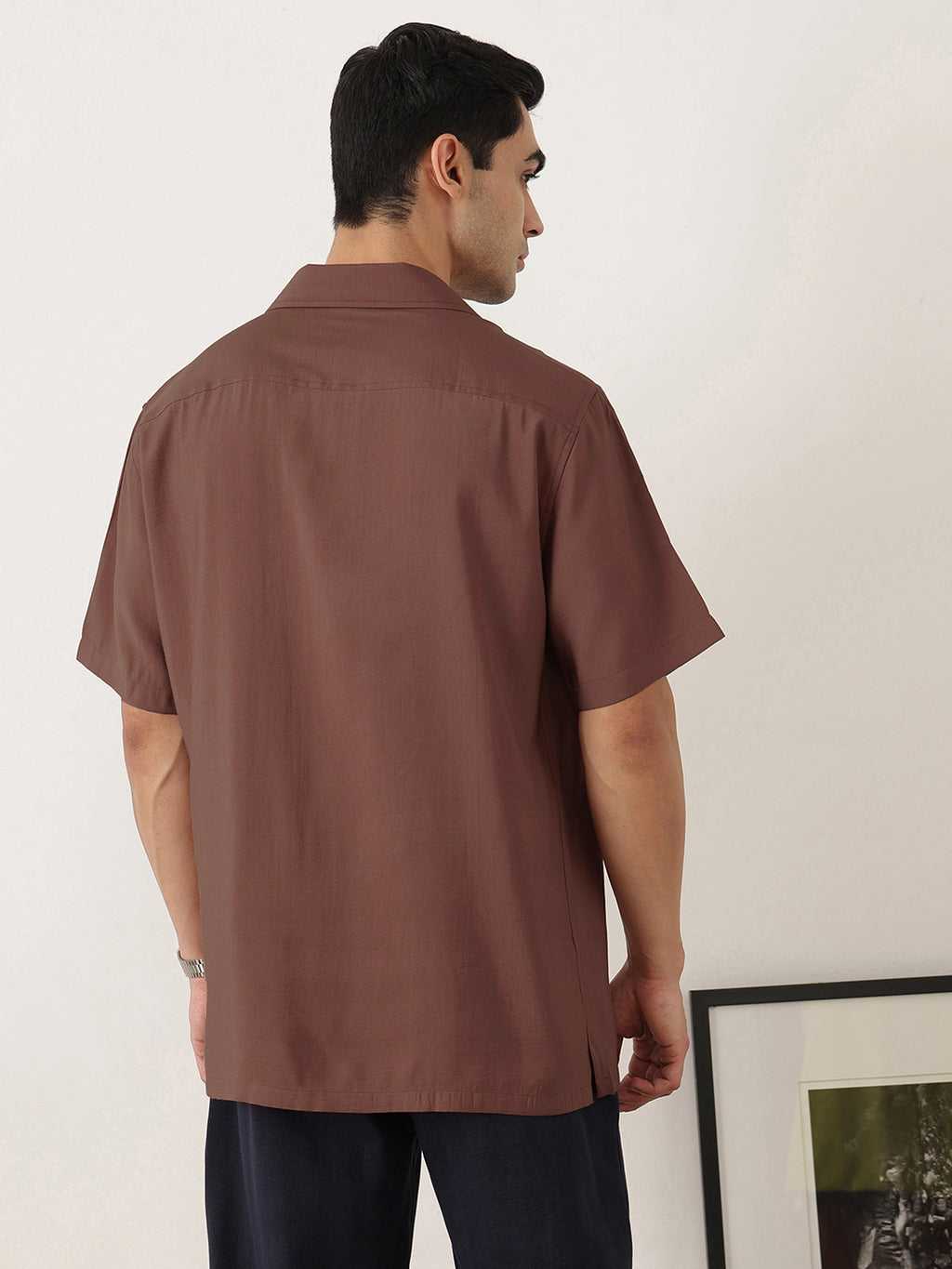 Thomas Scott Men Premium Rust Oversize Fit Short Sleeves Cuban Collar Textured Casual Shirt