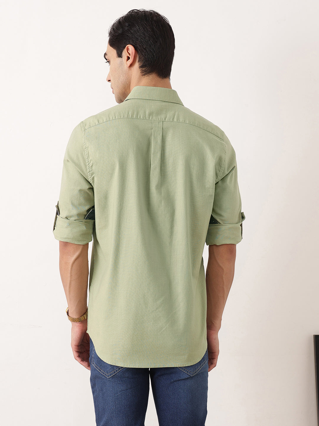 Thomas Scott Men Olive Premium Slim Fit Long Roll-Up Sleeves Spread Collar Solid Cotton Casual Shirt with Flap Pockets