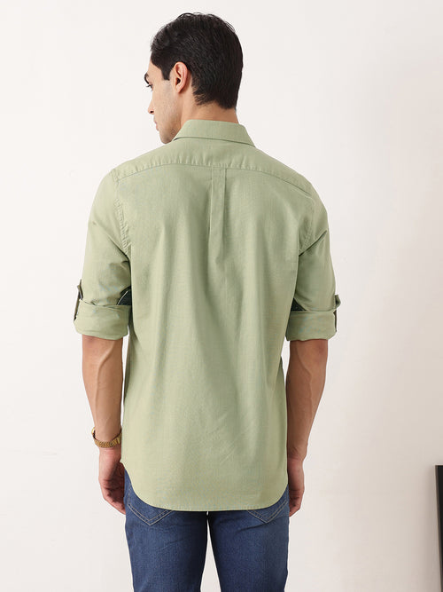Thomas Scott Men Olive Premium Slim Fit Long Roll-Up Sleeves Spread Collar Solid Cotton Casual Shirt with Flap Pockets