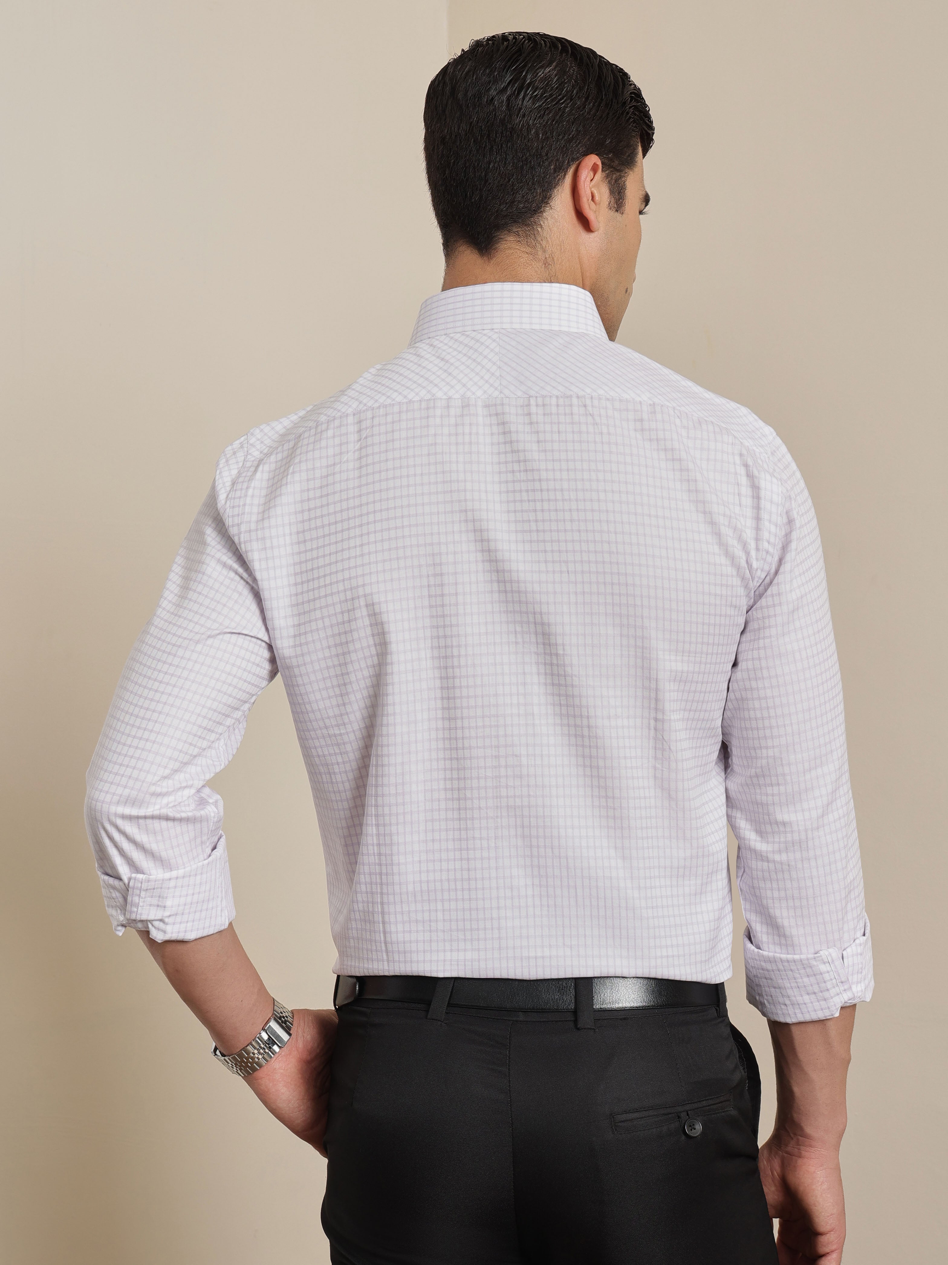 Thomas Scott Men Premium Violet Gingham Checks Cotton Formal Shirt with Spread Collar & Full Sleeves