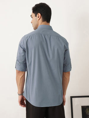 Thomas Scott Men Premium Mid Blue Slim Fit Long Roll-Up Sleeves Spread Collar Solid Cotton Casual Shirts