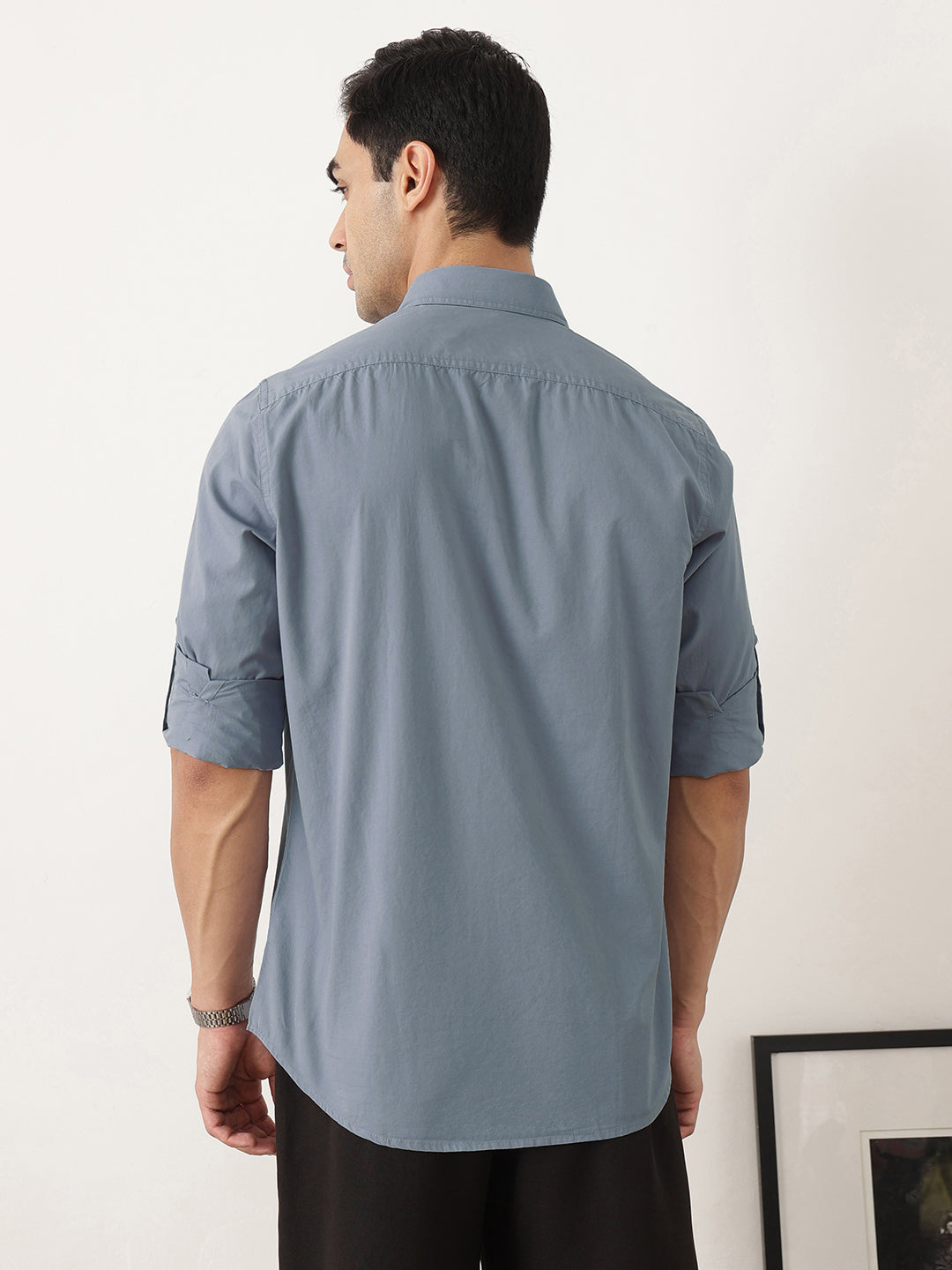 Thomas Scott Men Premium Mid Blue Slim Fit Long Roll-Up Sleeves Spread Collar Solid Cotton Casual Shirts