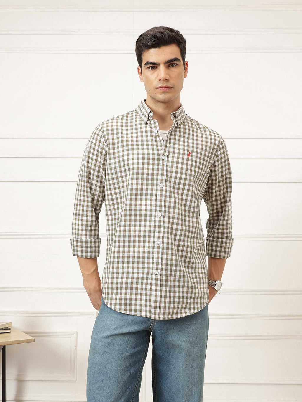 Brown Premium Regular Fit Gingham Checks Cotton Linen Shirt For Men