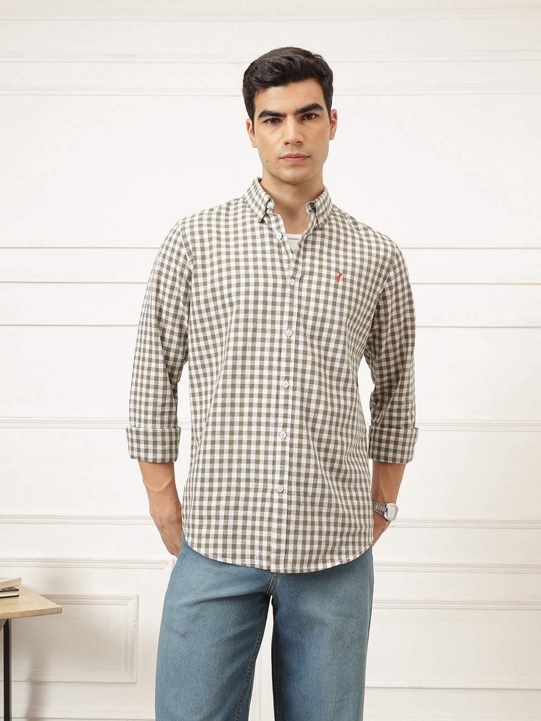 Brown Premium Regular Fit Gingham Checks Cotton Linen Shirt For Men