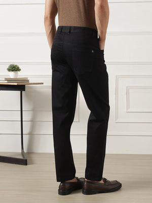 Black Smart Easy Wash Regular Fit Mid-Rise Solid Woven Chinos Trouser For Men