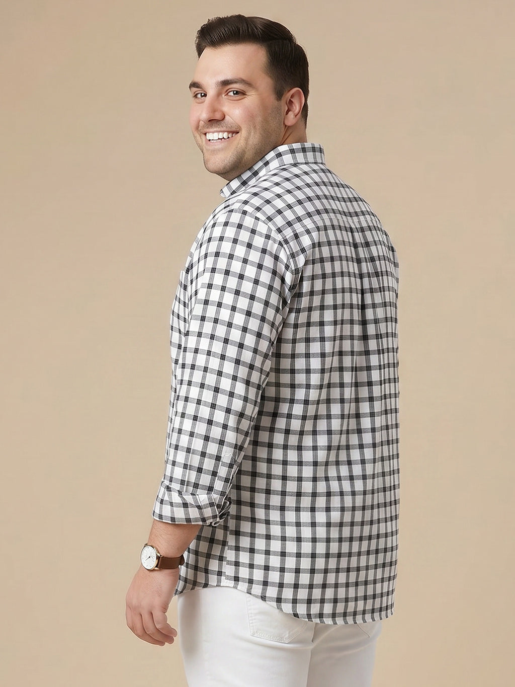 Thomas Scott Men Premium Green Plus Size Regular Fit Long Sleeves Button Down Collar Gingham Checks Cotton Linen Casual Shirt
