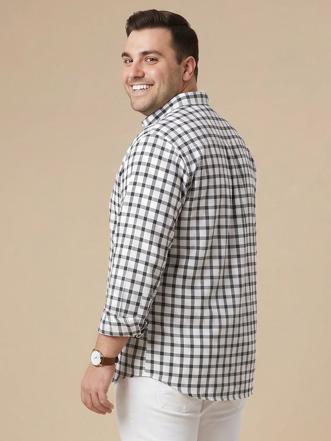 Thomas Scott Men Premium Green Plus Size Regular Fit Long Sleeves Button Down Collar Gingham Checks Cotton Linen Casual Shirt