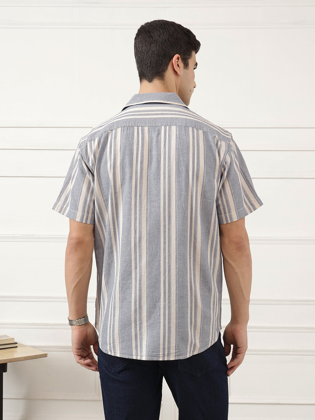 Blue Oversized Fit Vertical Stripes Cuban Collar Cotton Linen Casual Shirt For Men