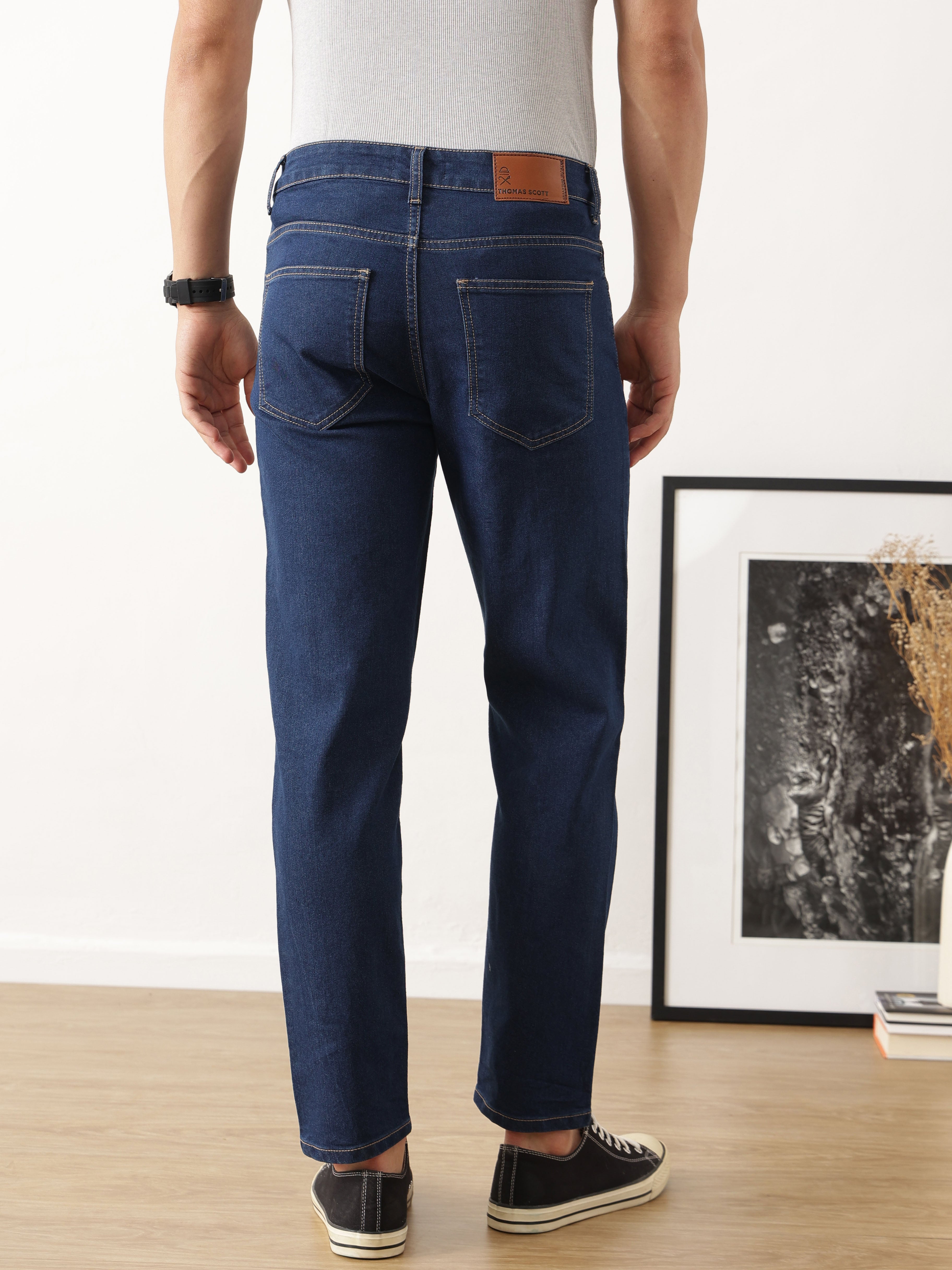 Thomas Scott Men Dark Blue Carrot Fit Mid-Rise Medium Shade Clean Look Stretchable Jeans