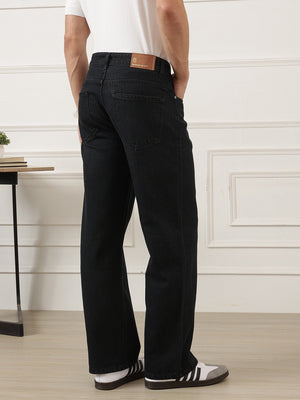 Black Smart Baggy Fit Mid-Rise No Faded Clean Look Non-Stretchable Jeans For Men