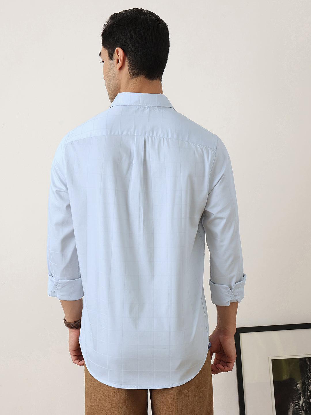 Thomas Scott Men Premium Sky Blue Regular Fit Long Sleeves Spread Collar Windowpane Checks Cotton Lycra Casual Shirt