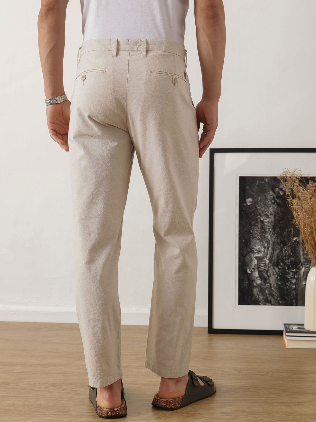 Thomas Scott Men Smart Beige Straight Fit Mid-Rise Solid Woven Linen Trouser