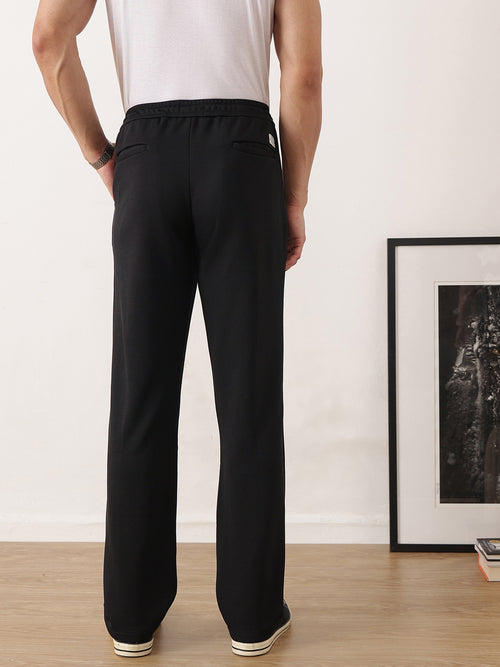 Thomas Scott Men Black Smart Regular Fit Mid-Rise Textured Pleated Knitted Casual Trousers with Drawstring Closure