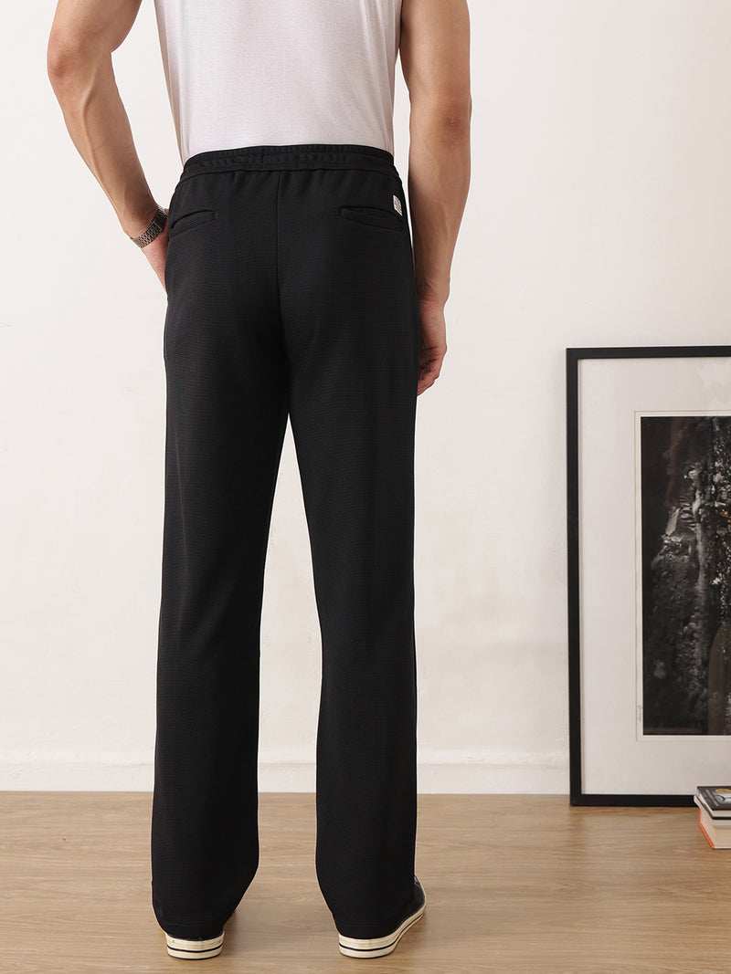 Thomas Scott Men Black Smart Regular Fit Mid-Rise Textured Pleated Knitted Casual Trousers with Drawstring Closure