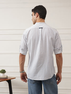 Blue Regular Fit Vertical Striped Cotton Linen Casual Shirt For Men with Roll-Up Sleeves