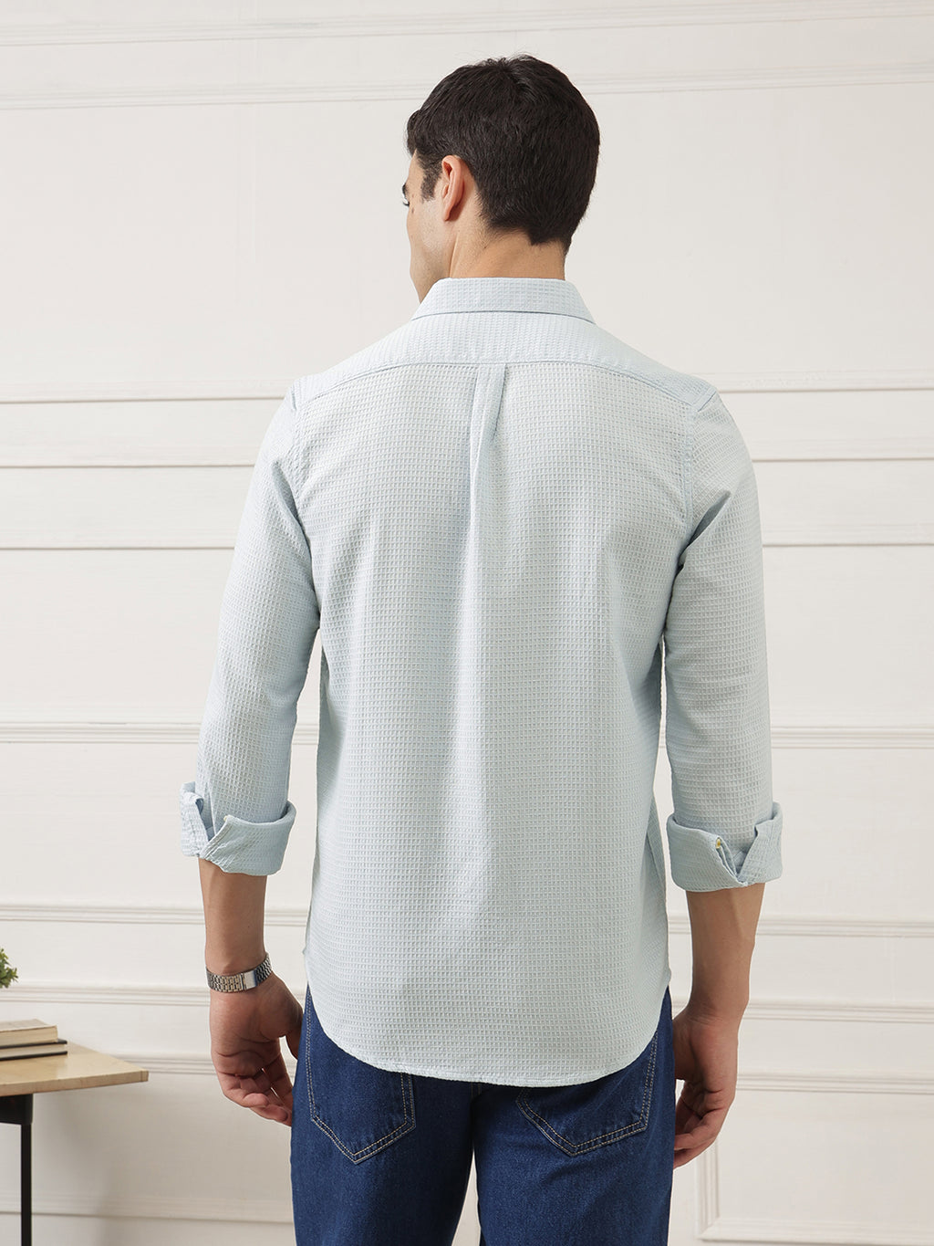 Sky Blue Premium Regular Fit Long Sleeves Spread Collar Textured Cotton Casual Shirt For Men