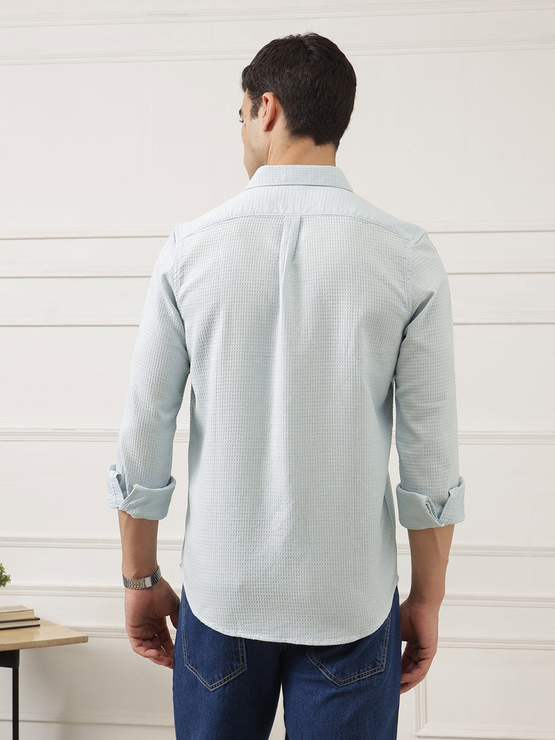 Sky Blue Premium Regular Fit Long Sleeves Spread Collar Textured Cotton Casual Shirt For Men