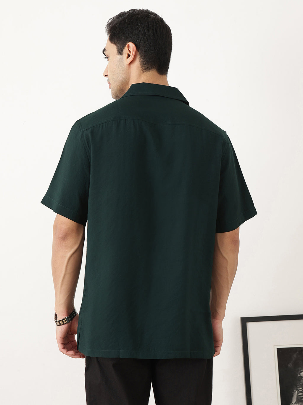 Thomas Scott Men Premium Olive Oversize Fit Short Sleeves Cuban Collar Textured Casual Shirt