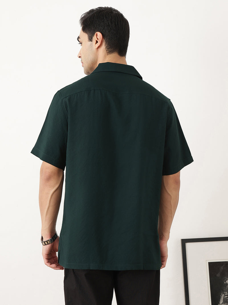 Thomas Scott Men Premium Olive Oversize Fit Short Sleeves Cuban Collar Textured Casual Shirt