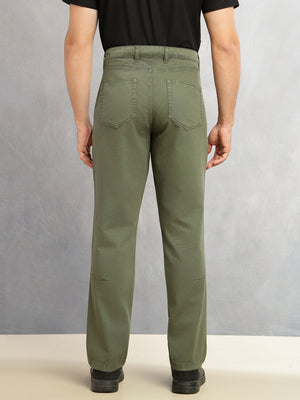 Olive Cricket Club Collection Straight Fit Mid-Rise Solid 4 Pockets 100% Cotton Woven Chinos Trouser