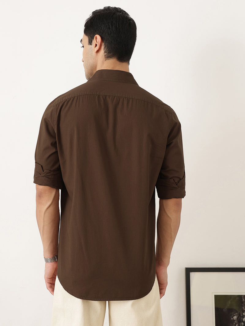 Thomas Scott Men Premium Brown Slim Fit Long Roll-Up Sleeves Spread Collar Solid Cotton Casual Shirts