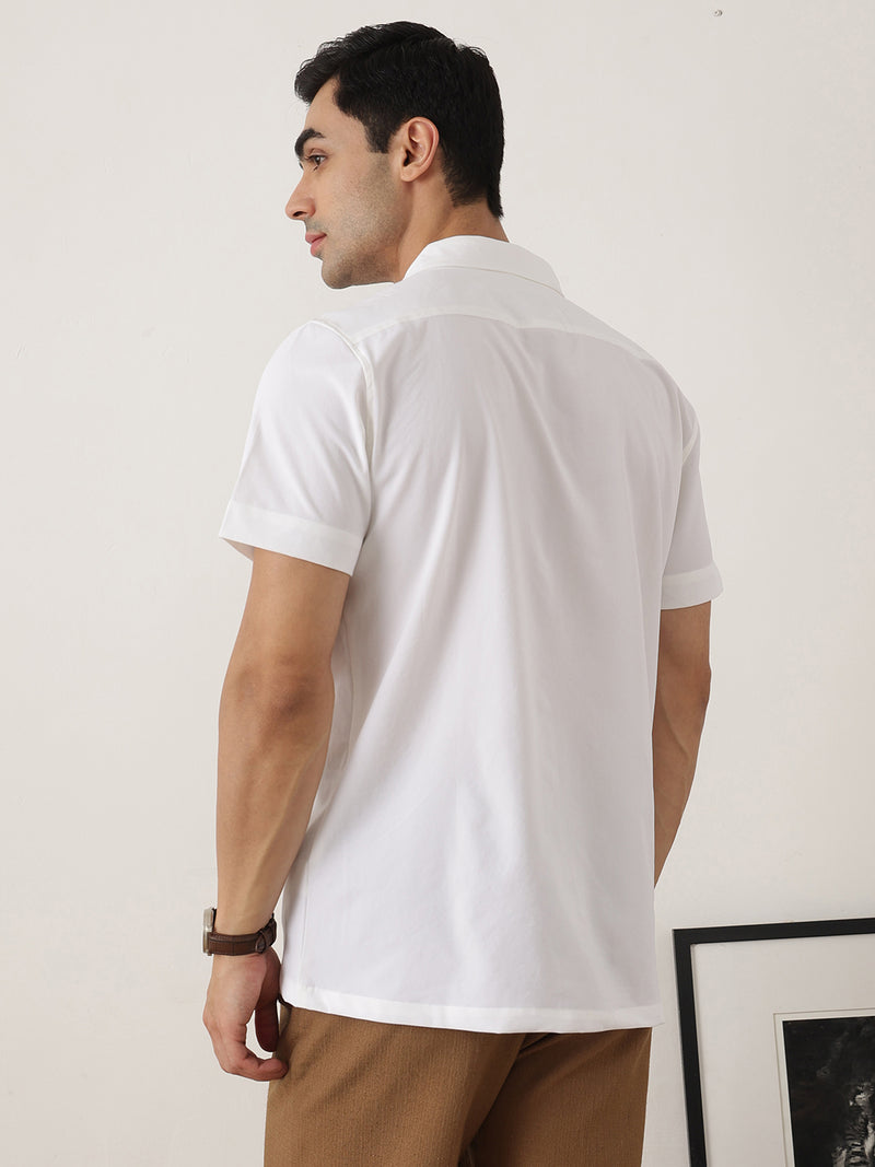 Thomas Scott Men Premium White Slim Fit Short Sleeves Spread Collar Solid Casual Shirt