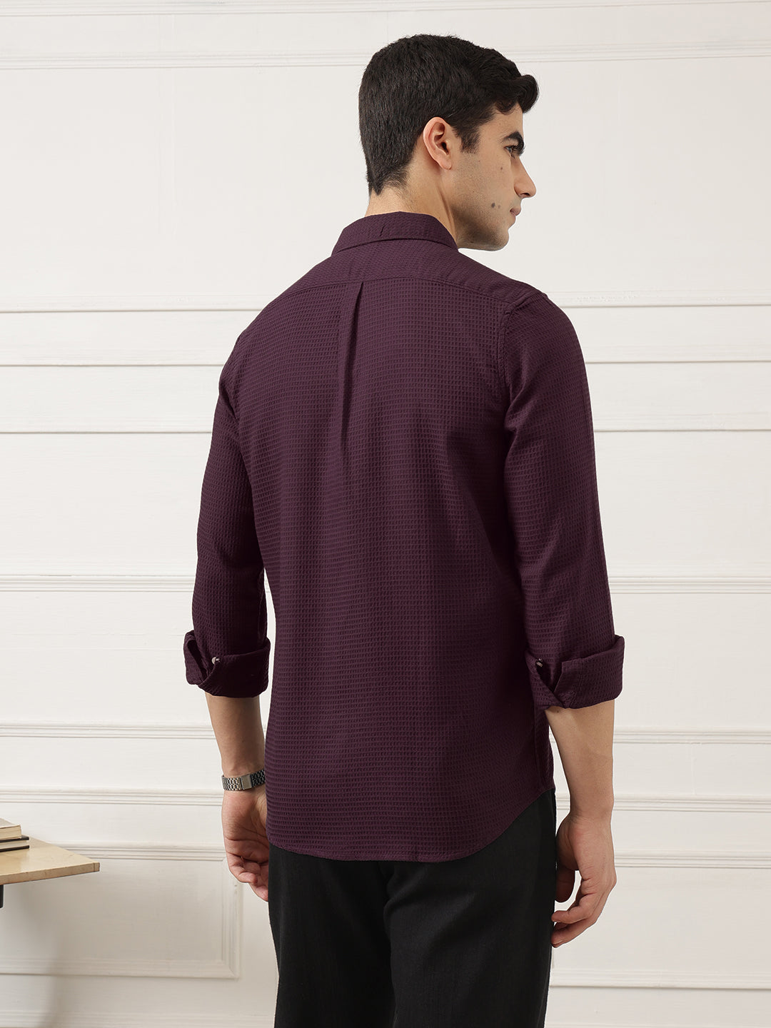 Maroon Premium Regular Fit Long Sleeves Spread Collar Textured Cotton Casual Shirt For Men
