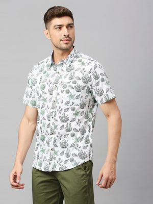 Thomas Scott Men Grey Classic Short Sleeves Slim Fit Spread Collar Floral Printed Cotton Casual Shirt
