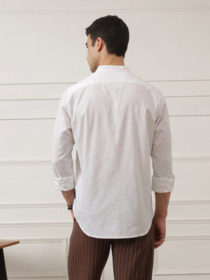 White Slim Fit Long Sleeves Mandarin Collar Solid Cotton Linen Casual Shirt For Men