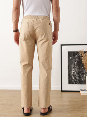 Thomas Scott Men Smart Beige Regular Fit Mid-Rise Solid Woven Cotton Linen Trouser