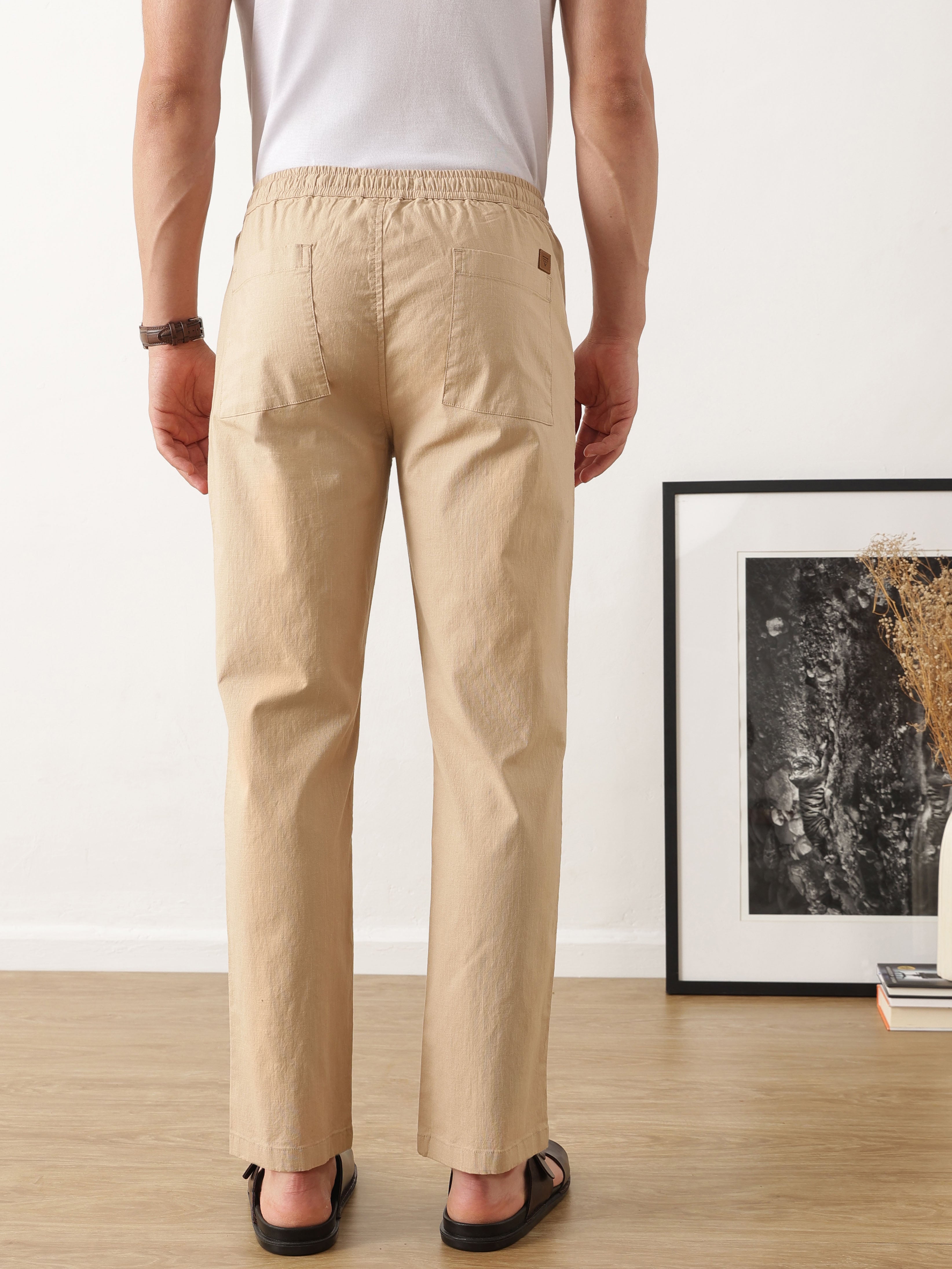 Thomas Scott Men Smart Beige Regular Fit Mid-Rise Solid Woven Cotton Linen Trouser
