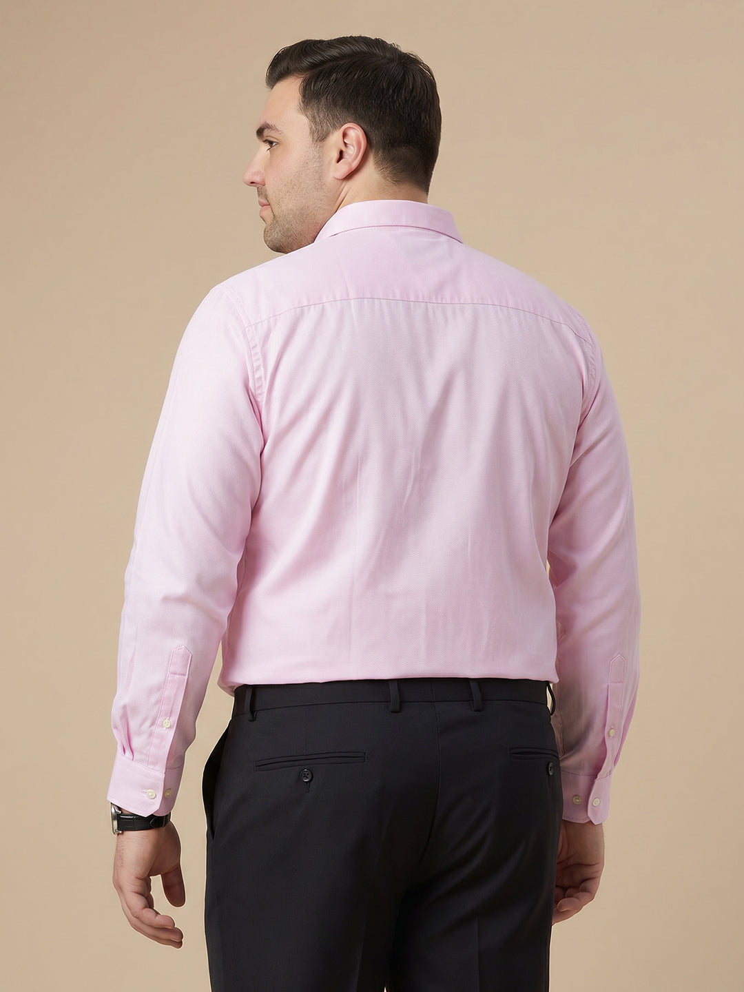 Pink Plus Size Smart Long Sleeves Regular Fit Spread Collar Solid 100% Cotton Formal Shirt For Men