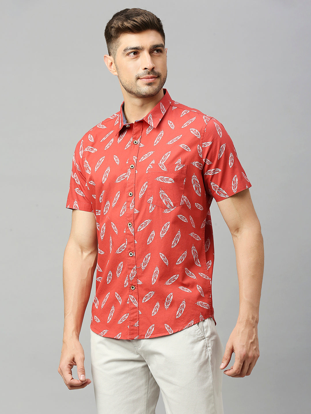Thomas Scott Men Coral Classic Short Sleeves Slim Fit Spread Collar Floral Printed Cotton Casual Shirt