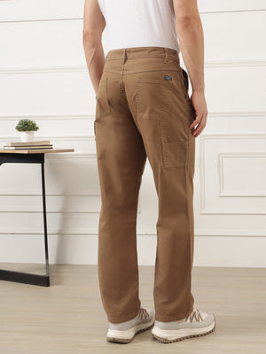Brown Smart Easy Wash Regular Fit Mid-Rise Solid Woven Carpenter Trouser For Men