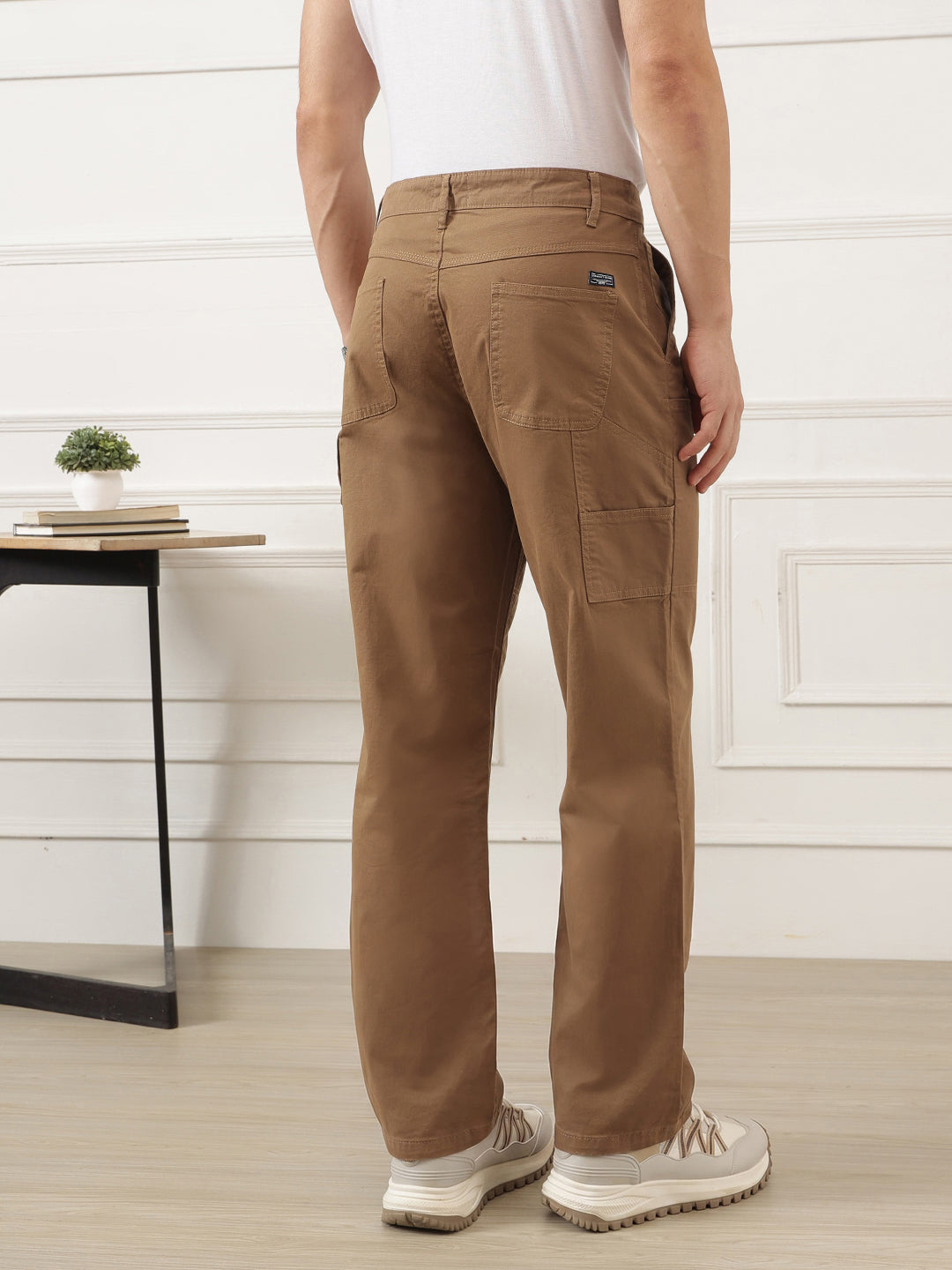 Brown Smart Easy Wash Regular Fit Mid-Rise Solid Woven Carpenter Trouser For Men