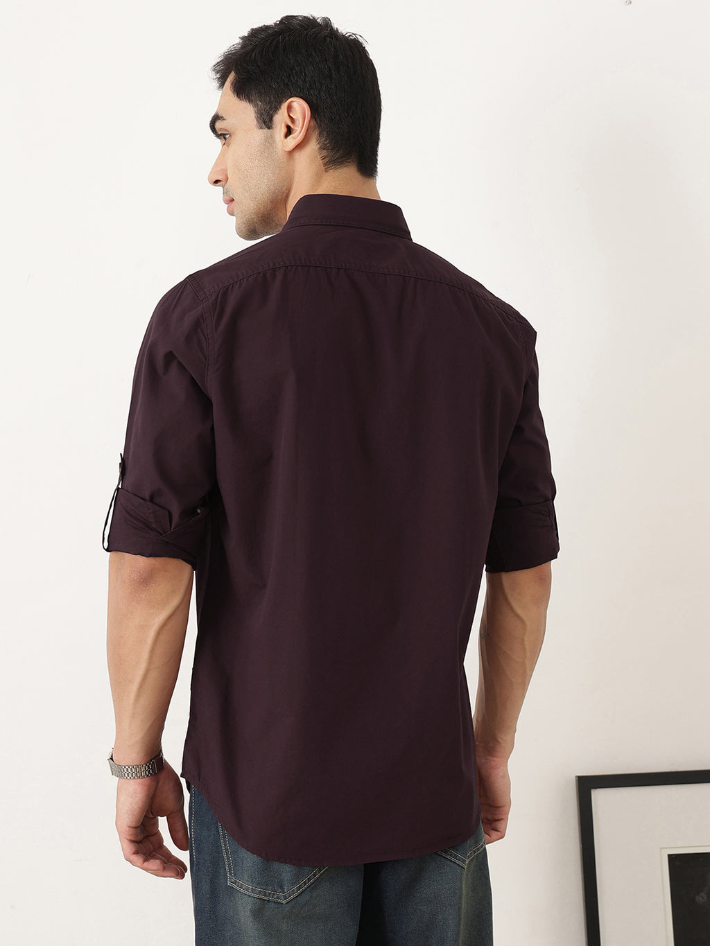 Thomas Scott Men Premium Wine Slim Fit Long Roll-Up Sleeves Spread Collar Solid Cotton Casual Shirts