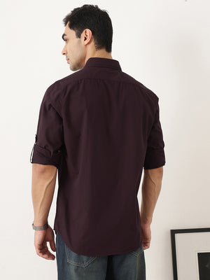 Thomas Scott Men Premium Wine Slim Fit Long Roll-Up Sleeves Spread Collar Solid Cotton Casual Shirts