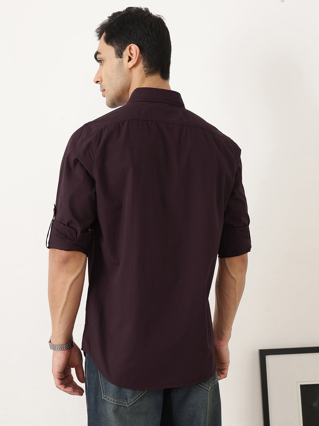 Thomas Scott Men Premium Wine Slim Fit Long Roll-Up Sleeves Spread Collar Solid Cotton Casual Shirts