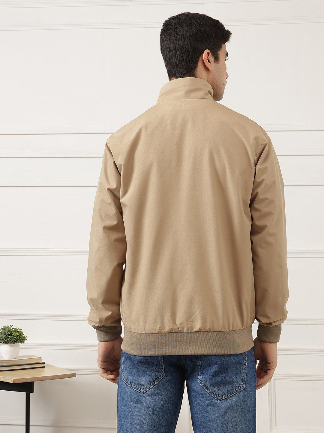 Beige Regular Fit Solid Full Sleeves Stand Collar Zip-Front Casual Bomber Jacket For Men