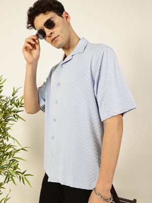 Thomas Scott Men Sky Blue Premium Short Sleeves Relaxed Fit Cuban Collar Textured Cotton Casual Shirt