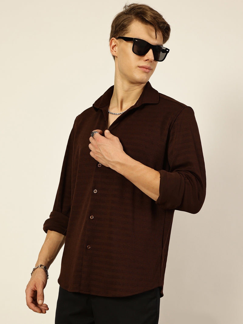 Thomas Scott Men Brown Premium Regular Fit Long Sleeves Spread Collar Textured Casual Shirt