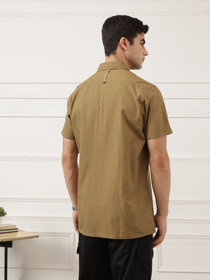 Khaki Premium Regular Fit Short Sleeves Spread Collar Textured Casual Shirt For Men
